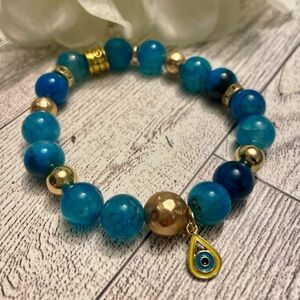 Azure Blue 10mm Charmed Dragon Vein Agate Bracelet Evil eye charm, gold accents
